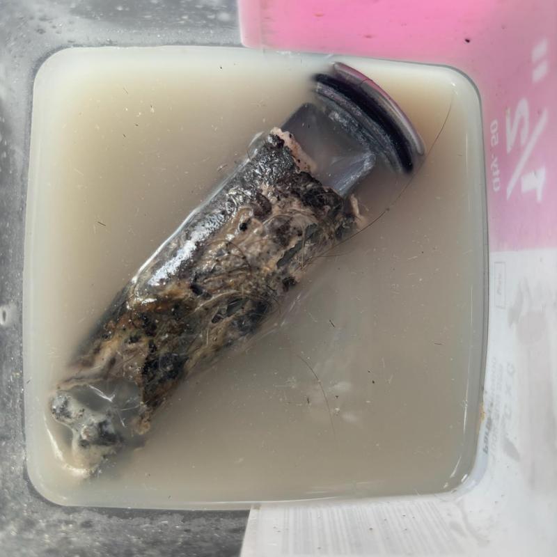 Bathroom sink pop-up assembly clogged with gunk and hair