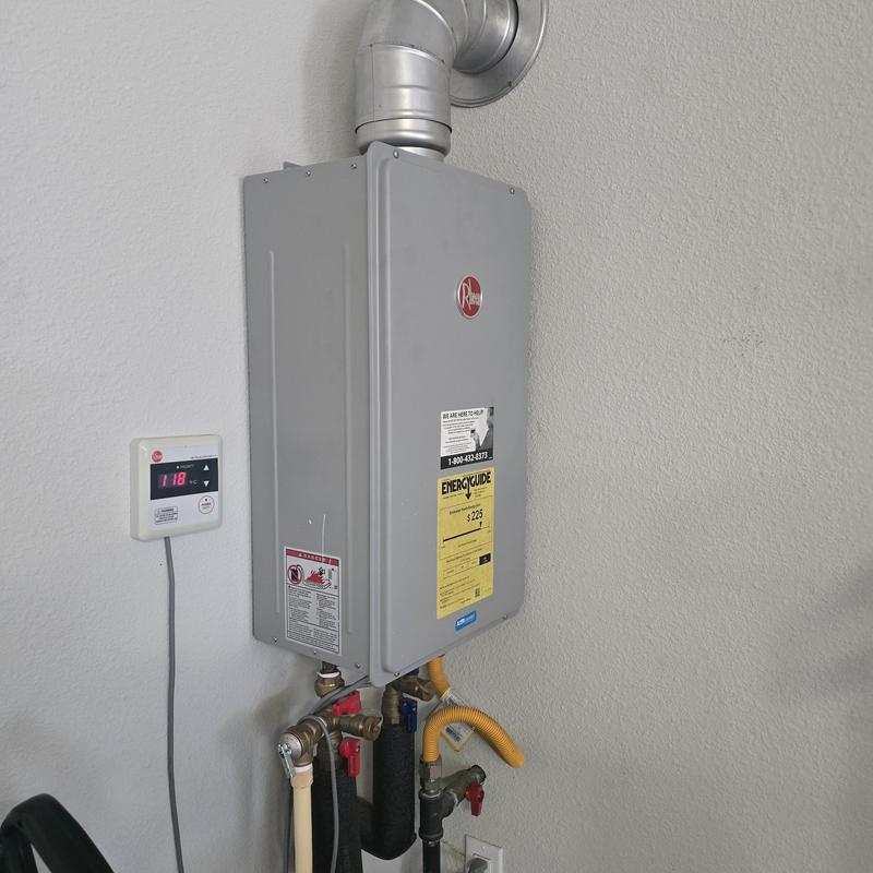 Tankless water heater with vent pipe and controls