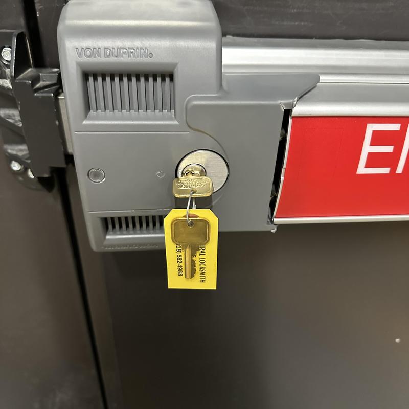 Von Duprin exit device lock with key and tag