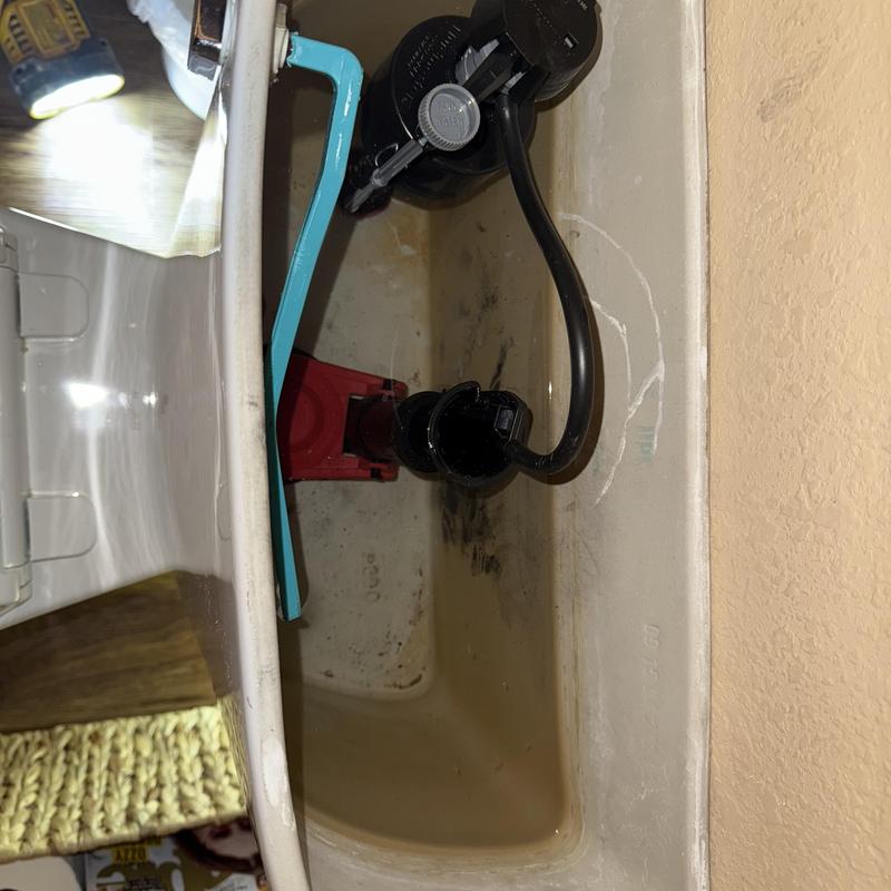 Toilet tank interior with rebuilt flushing mechanism