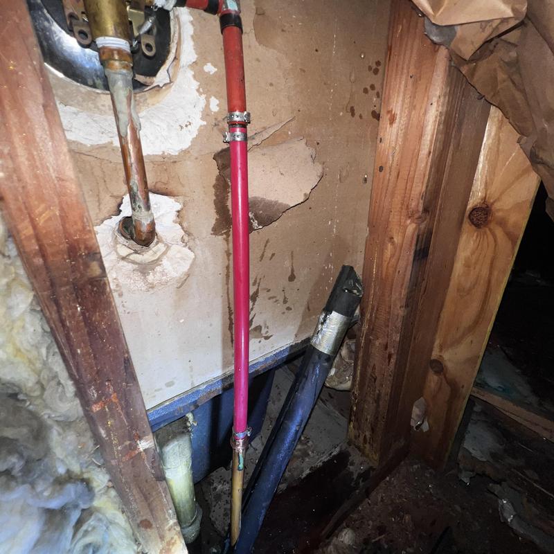 Shower valve water leak with surrounding pipes and studs