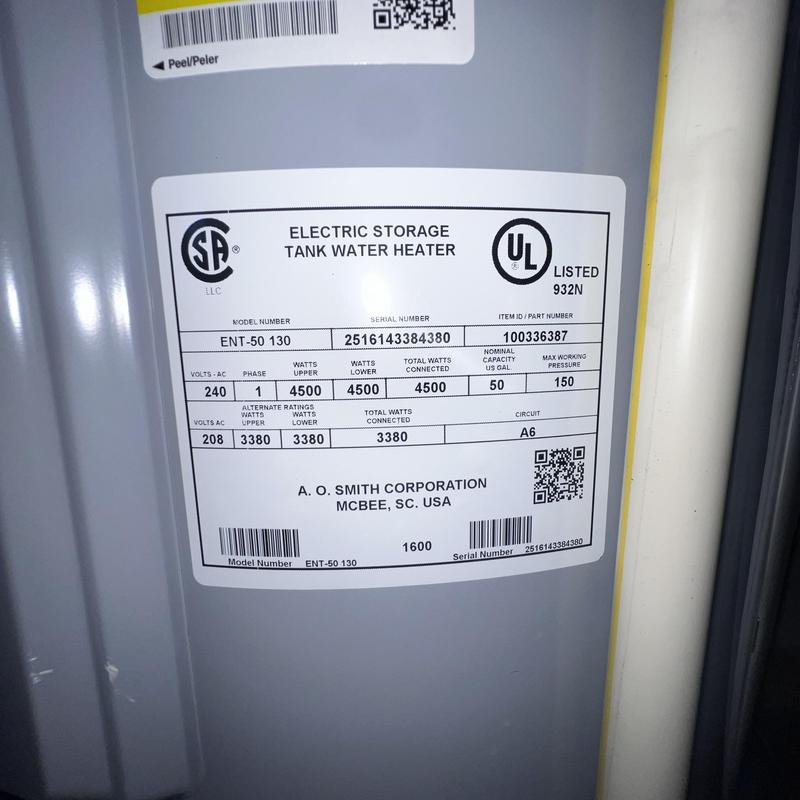 Electric storage tank water heater label, AO Smith