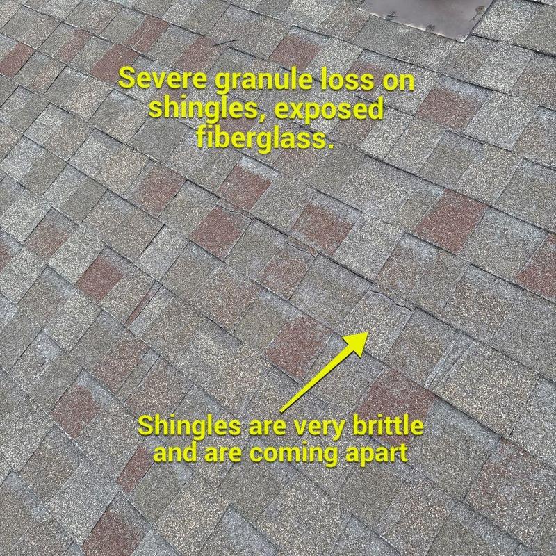 Asphalt shingles with severe granule loss and brittleness Asphalt shingles with severe granule loss and brittleness