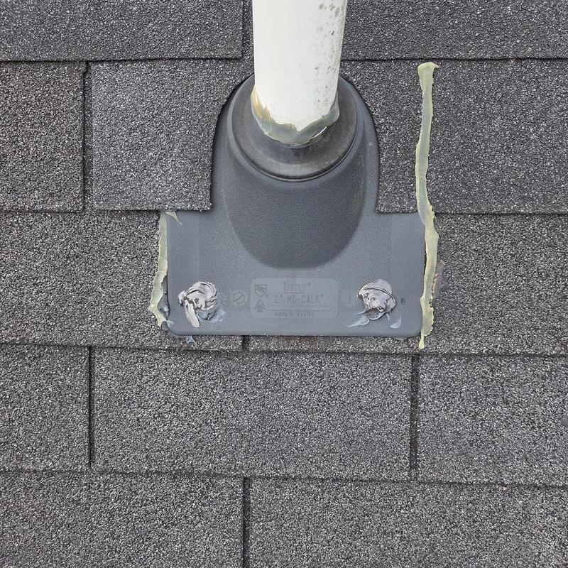Box vent flashing on shingle roof with caulk sealant