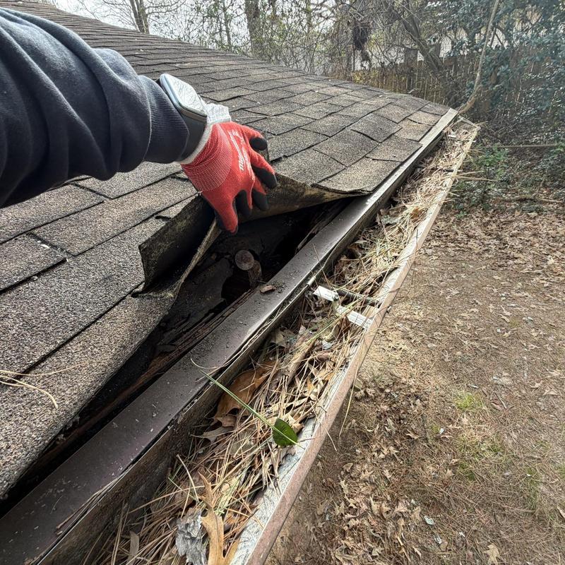 Gutter clog removal and damaged roof shingle inspection