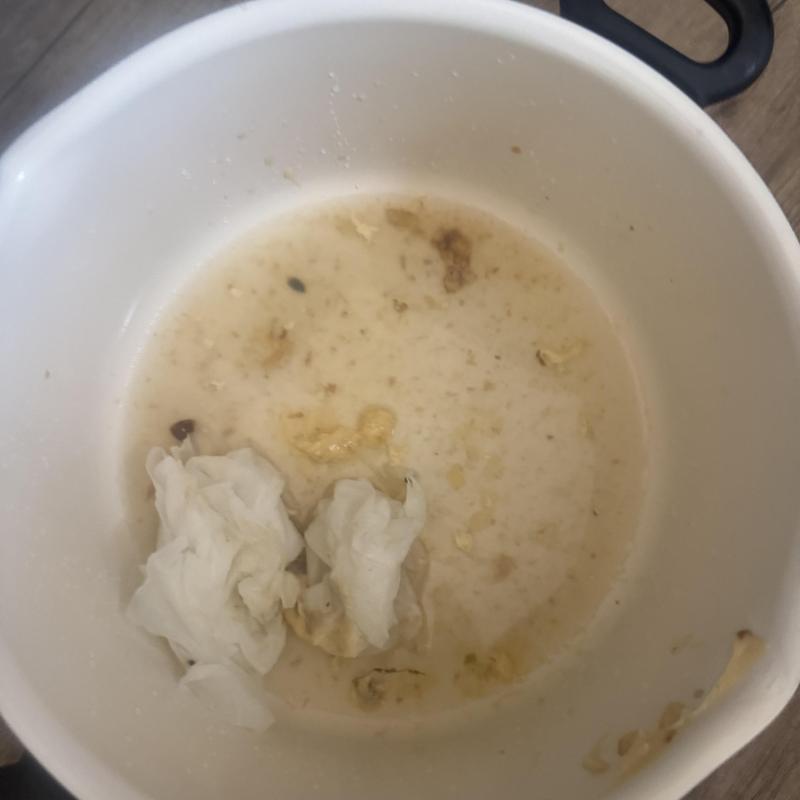 Dishwasher drain hose with debris and paper towel