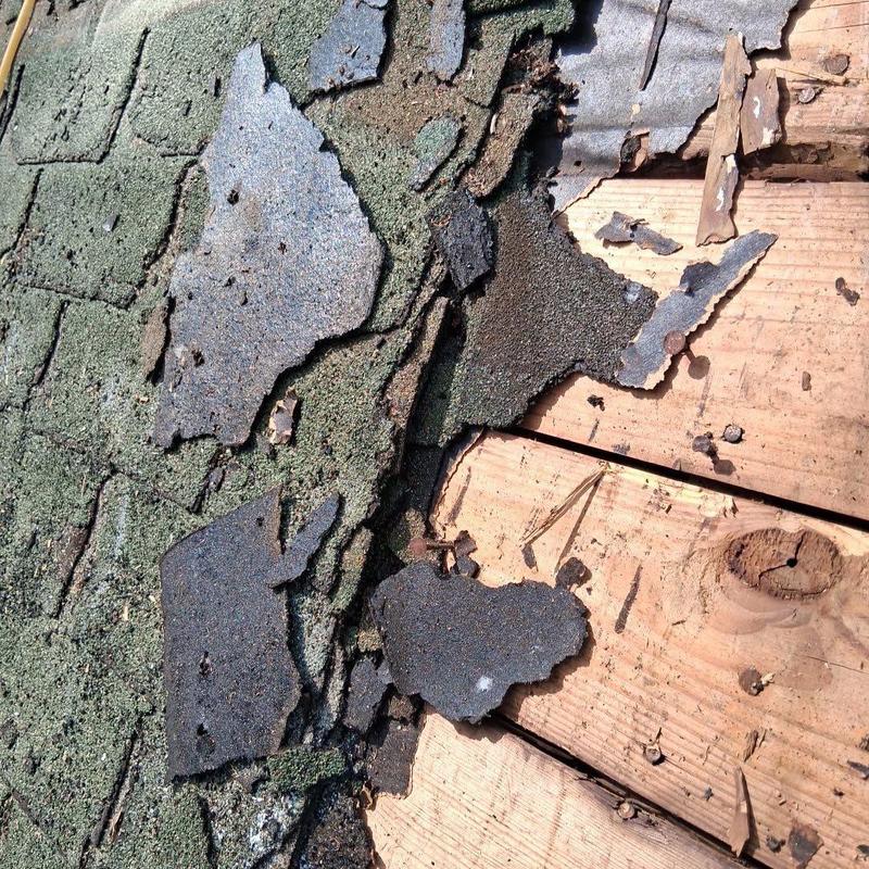 Asphalt roof shingles damaged by hail on wooden deck