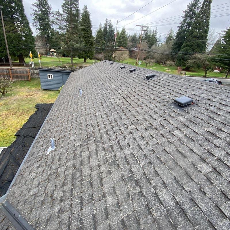 Asphalt shingle roof with vent pipes and moss remnants