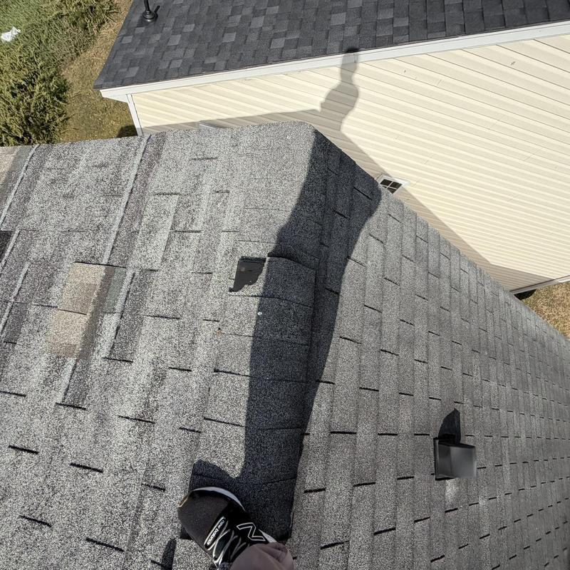 Asphalt roof shingles with missing and damaged sections