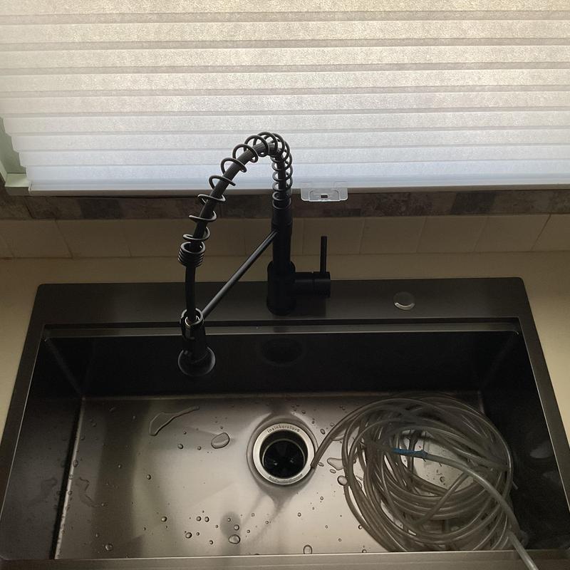 Kitchen sink and faucet with drain and tubing installation