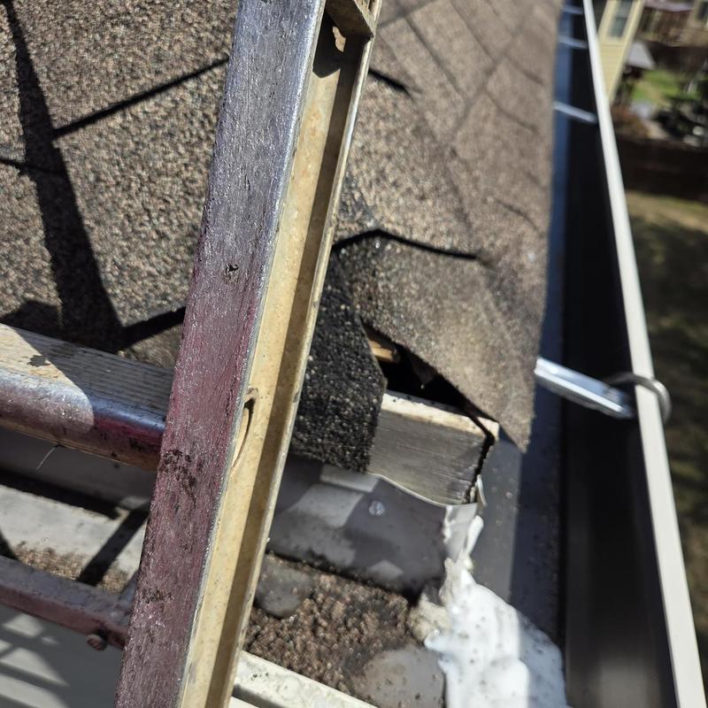 Roof shingles with ladder and damaged gutter edge