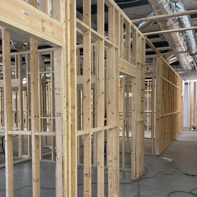 Wood framing for commercial interior walls under construction