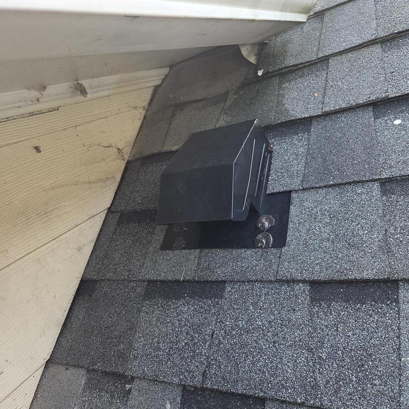 Roof-mounted dryer vent with new flashing and shingles