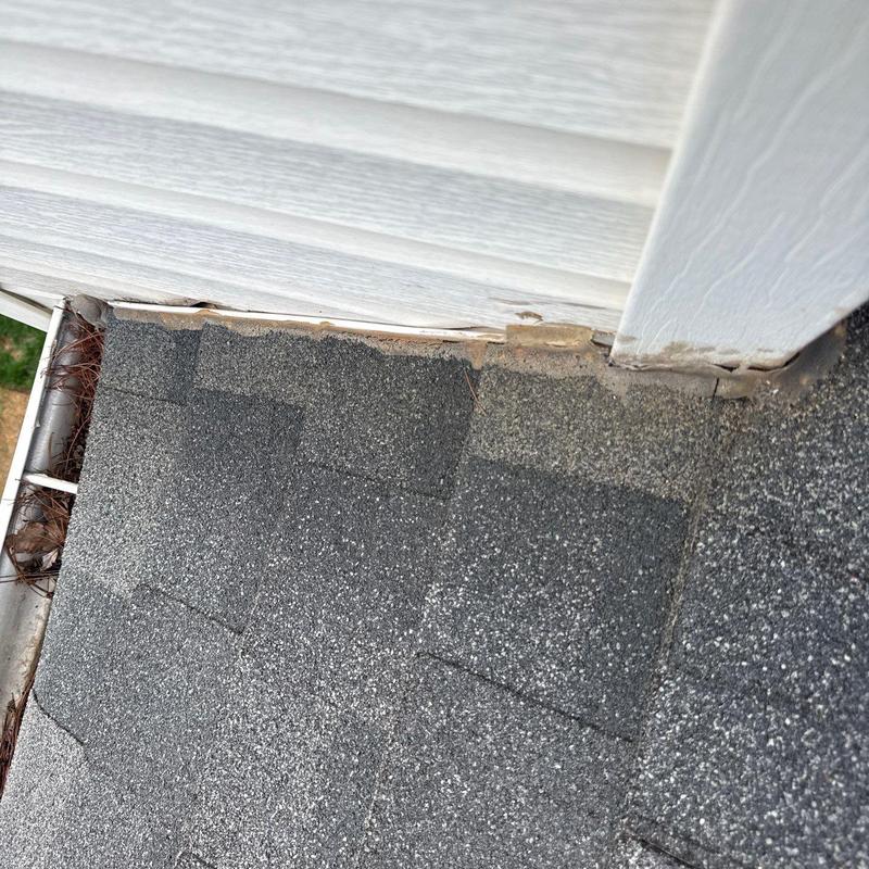 Roof shingles and siding edge with water damage