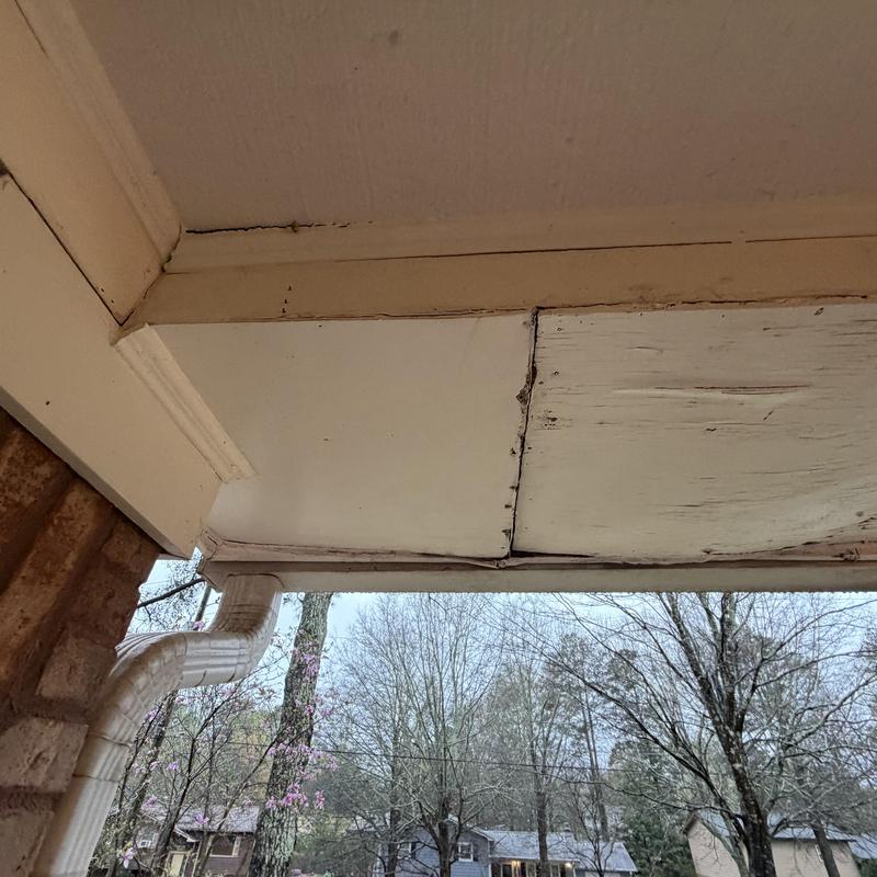 Wood fascia and soffit damage near gutter downspout