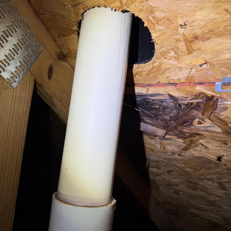 Deteriorated roof decking around pipe boot leak