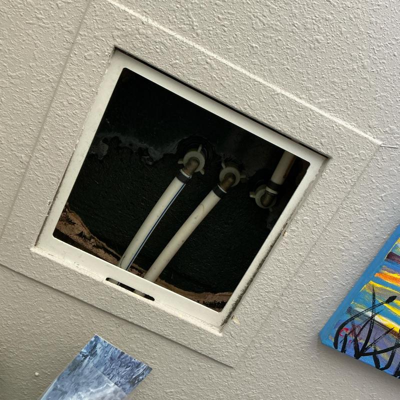 Water shutoff valve with PEX waterlines in ceiling access panel