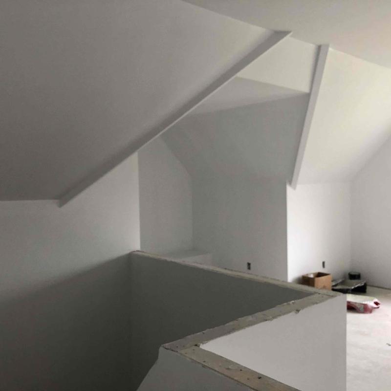 Room drywall installation in attic office and game space Room drywall installation in attic office and game space