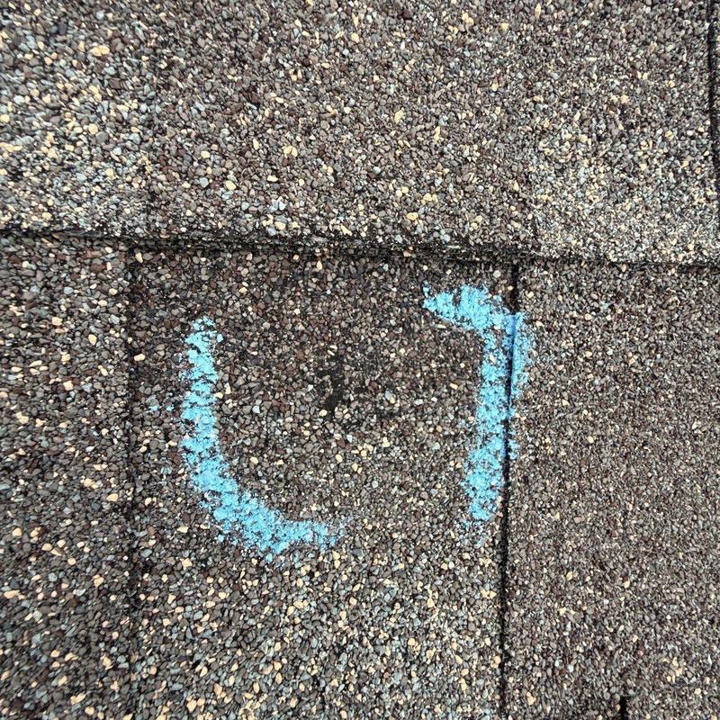 Roof shingles with hail damage marked in blue chalk
