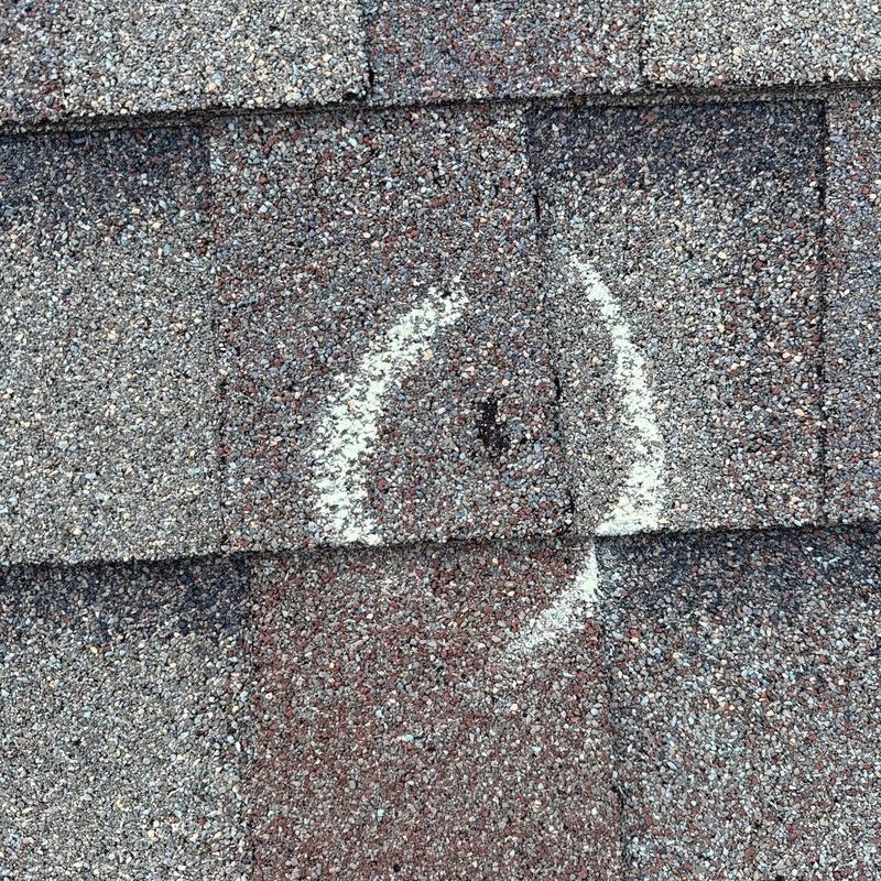 Asphalt shingle with hail damage marked for inspection