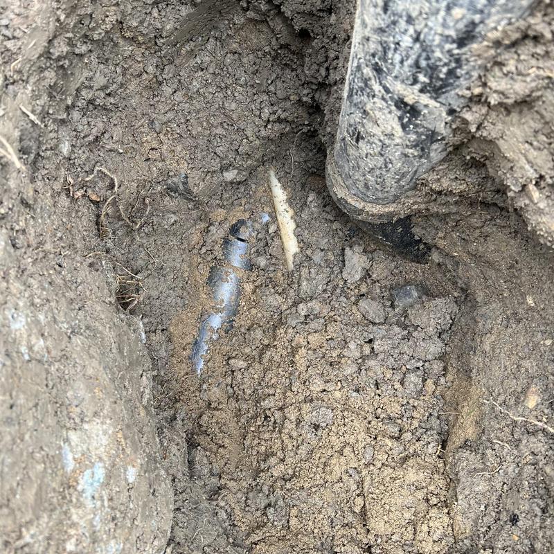 Main sewer line pipe break exposed in dirt excavation