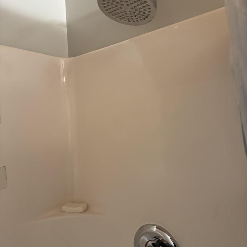 Moen chrome shower handle and showerhead in bathroom