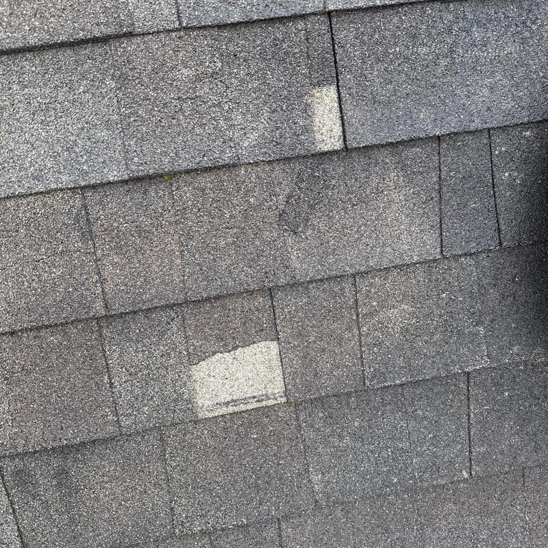 Roof shingles with visible hail damage and wear