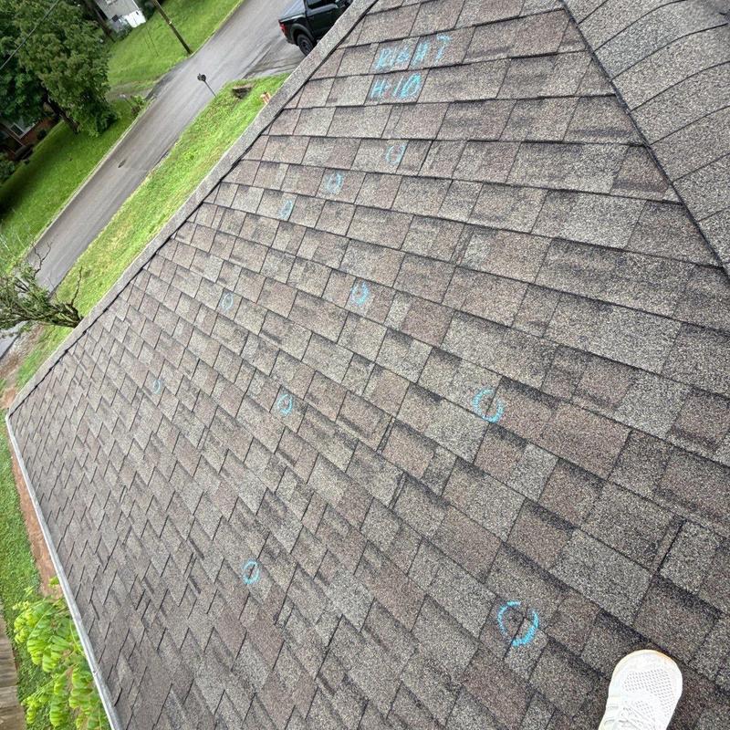 Asphalt shingle roof with hail damage marks