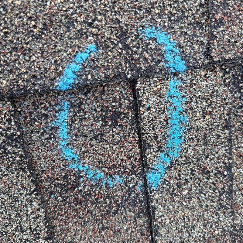 Roof shingles with hail damage marked in blue paint