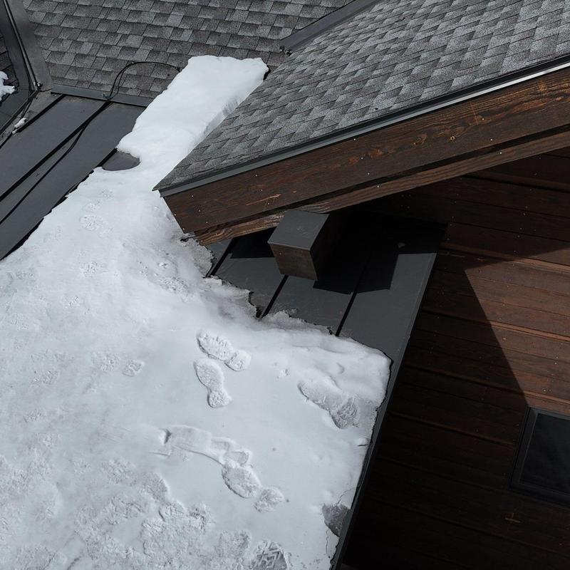 Metal roof section with snow and asphalt shingles Metal roof section with snow and asphalt shingles