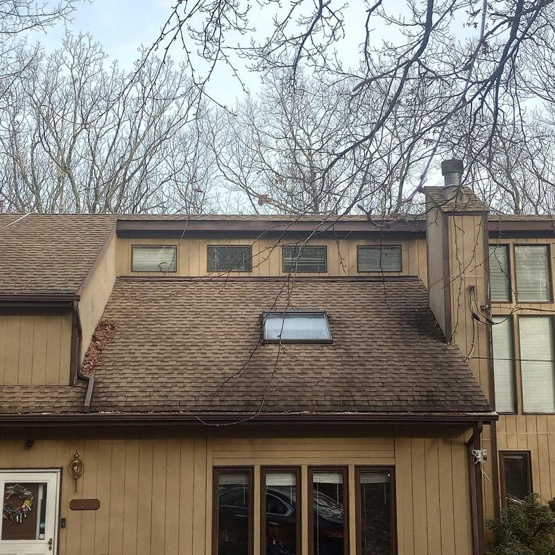 Asphalt shingle roof with skylight and chimney