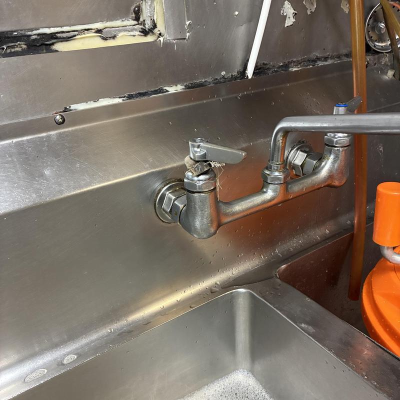 Kitchen faucet with dual valve handles on metal sink
