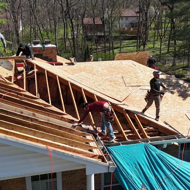 Roof rafters and decking replacement in progress