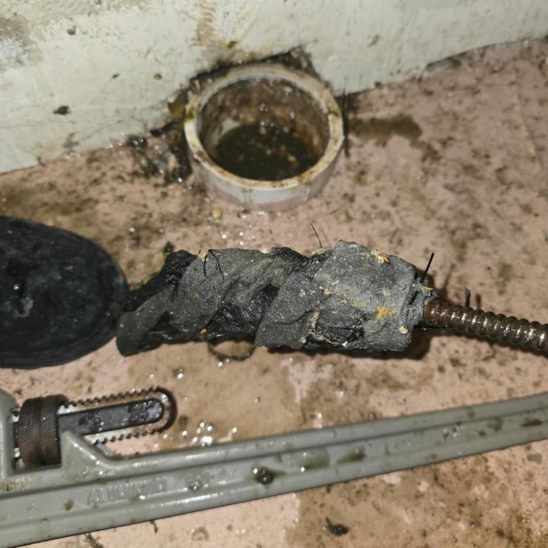 Main drain with debris on plumbing snake tool