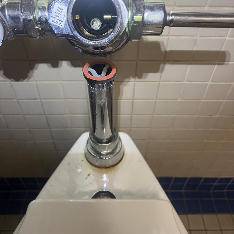 Vacuum breaker and flush valve handle assembly on urinal