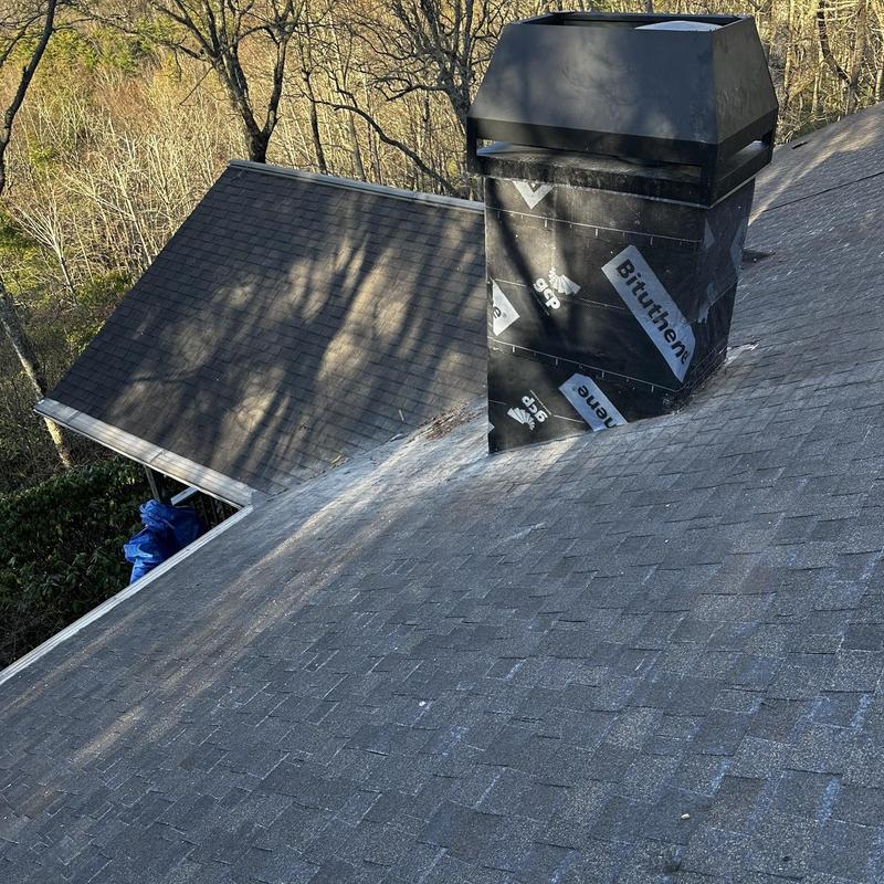 GAF UHDZ charcoal roof shingles and chimney flashing