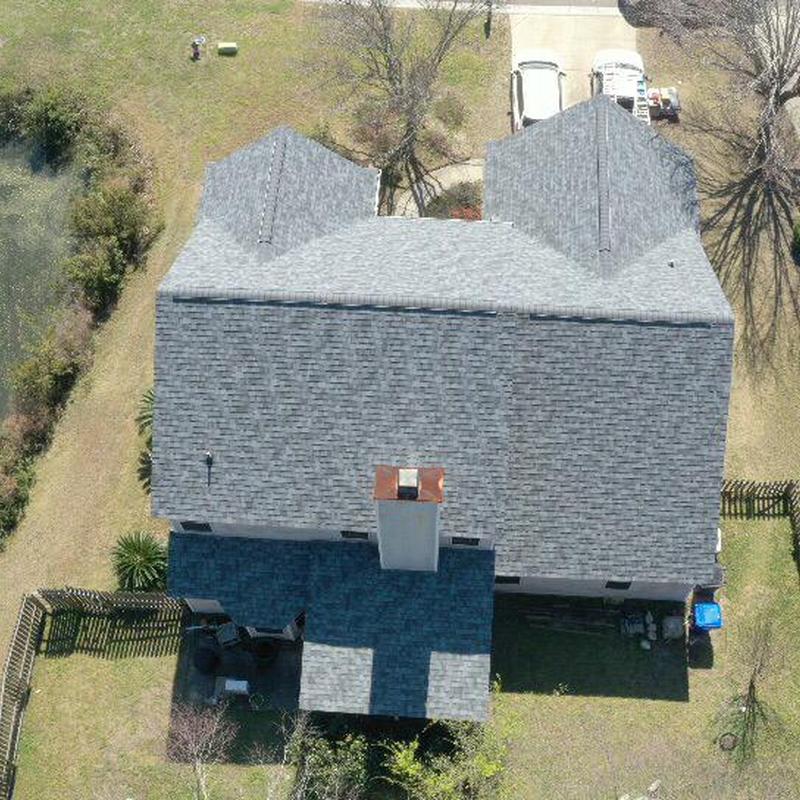 Owens Corning gray shingle roof replacement aerial view Owens Corning gray shingle roof replacement aerial view