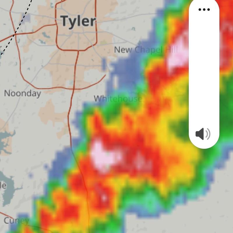 Storm radar showing hailstorm near Tyler and Whitehouse