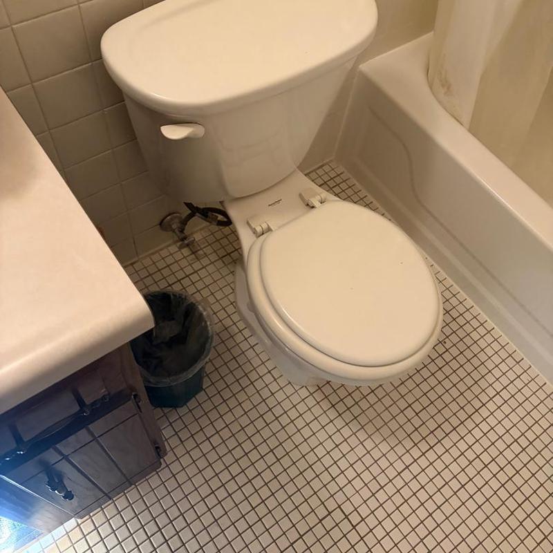 Toilet and waterline with replaced p-trap in bathroom corner