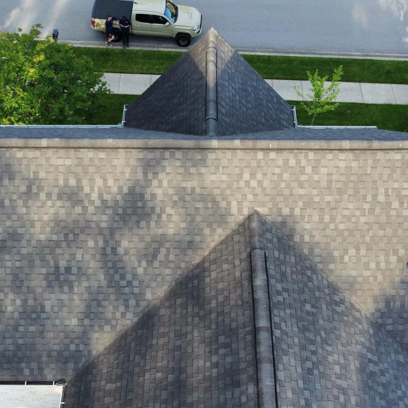Asphalt shingle roof inspection aerial view