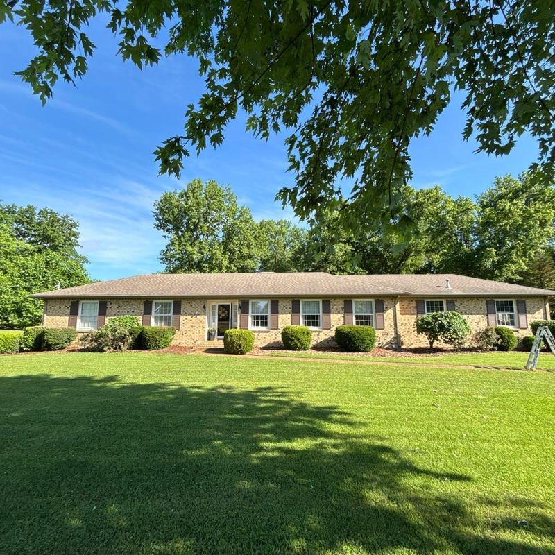 Asphalt shingle roof with landscaping and ladder