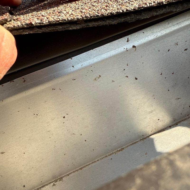 Metal roof drip edge with shingle granule debris