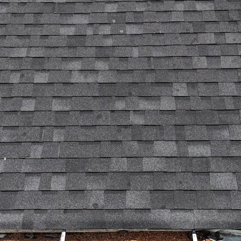 Asphalt roof shingles with hail damage spots