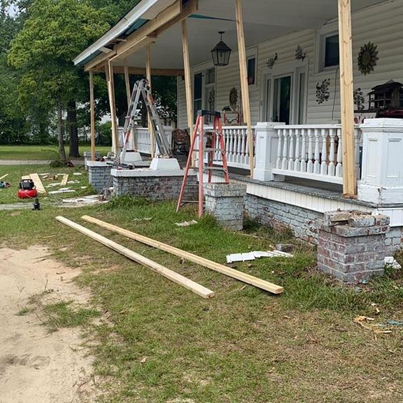 Front porch columns and railing rebuilding in progress