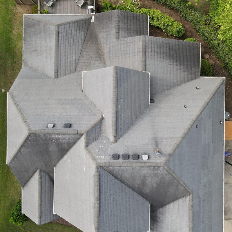 Owens Corning Duration Estate Gray shingle roof top view Owens Corning Duration Estate Gray shingle roof top view