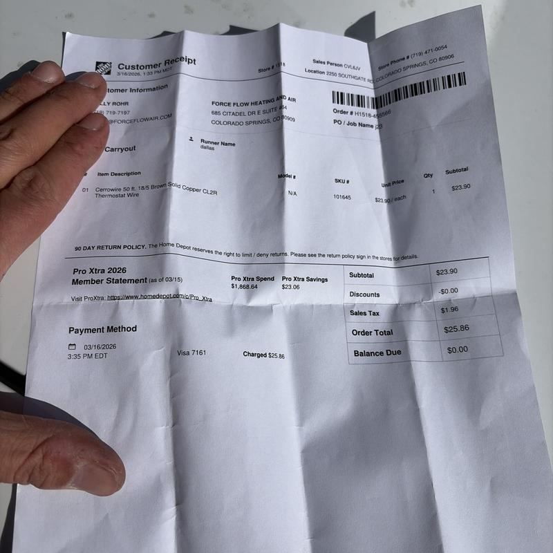 Thermostat wire purchase receipt for HVAC job