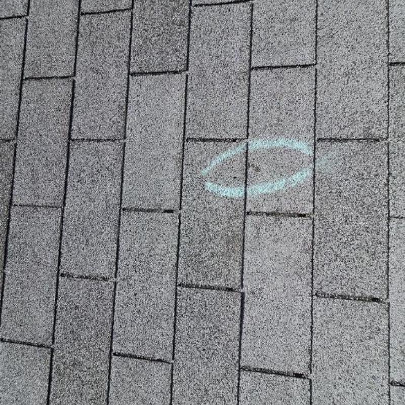 Asphalt roofing shingles with hail damage circled in chalk Asphalt roofing shingles with hail damage circled in chalk