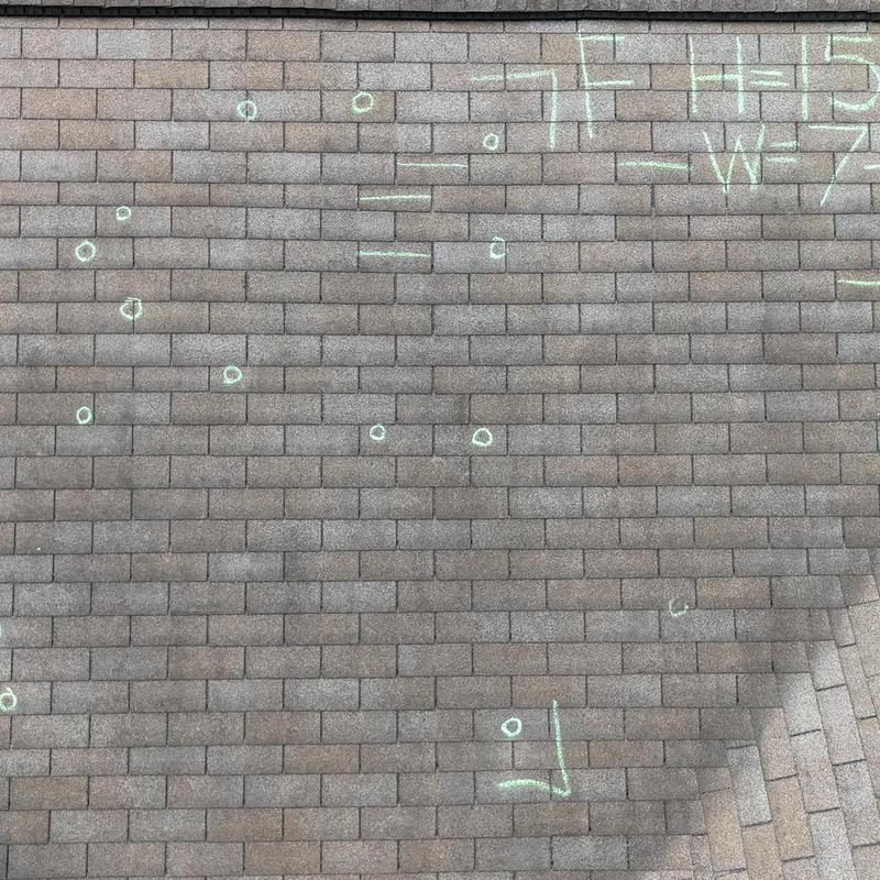 Asphalt roof shingles with chalk-marked hail damage