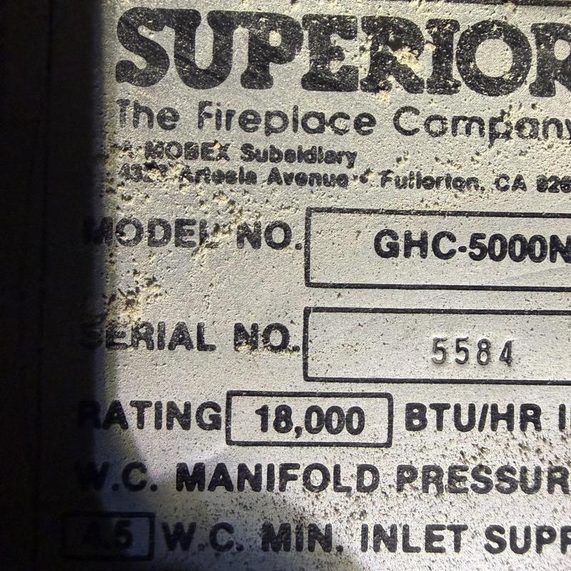 Superior GHC-5000N gas fireplace label with specs