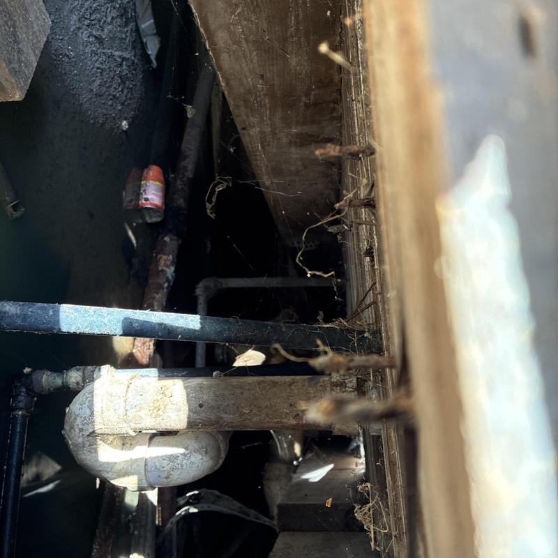 Cleanout pipe under home with debris and rusted nails